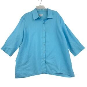 Feel Good Store Tunic Blouse Womens Size XL Blue 100% Linen Button Up 3/4 Sleeve